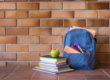 Brickwall with books piled up and a backpack.